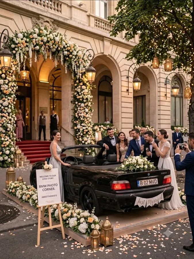 Photo corner amenajat lângă mașină, cu invitați