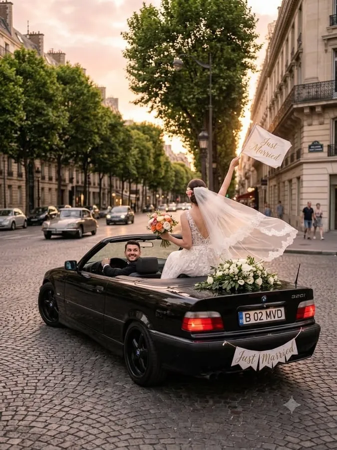 Mașina pe stradă, cu bannerul Just Married