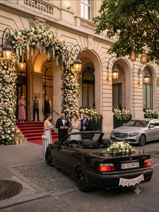 Mașina la intrarea decorată a locației